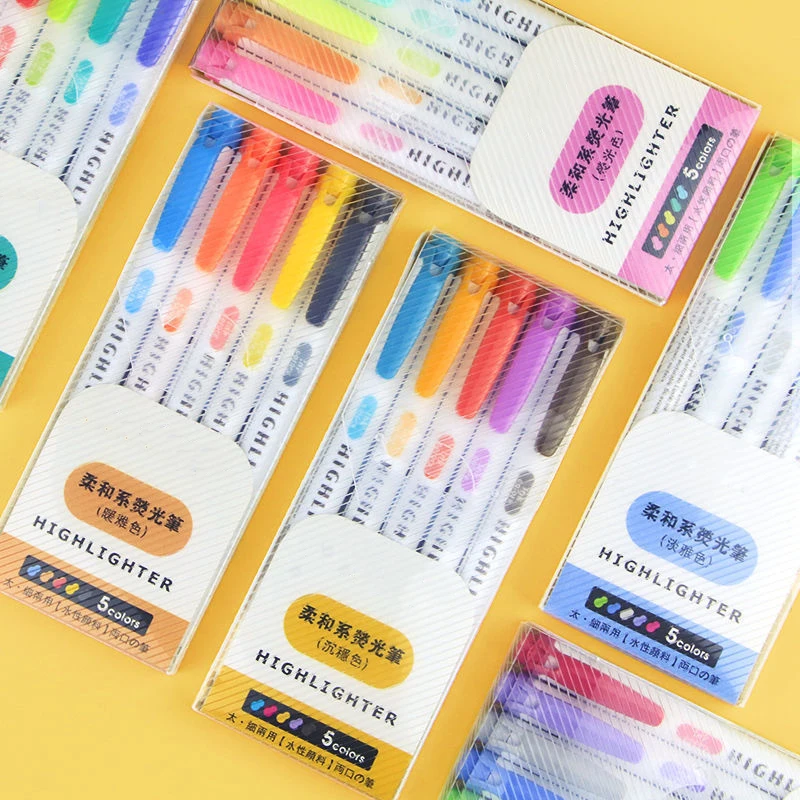 

5 Colors/box Double Headed Highlighter Pen Set Fluorescent Markers Highlighters Pens Art Marker Japanese Cute Kawaii Stationery