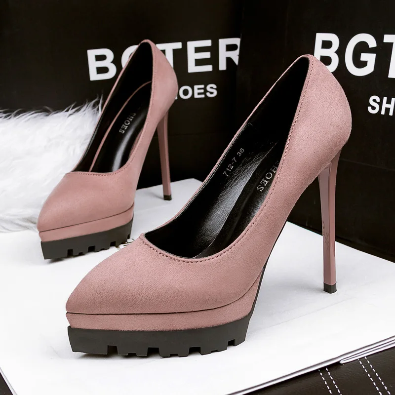 

Korean Version of Sexy Stiletto Suede High Heels Women's Shallow Mouth Single Shoes Professional Pointed Toe Platform High Heels
