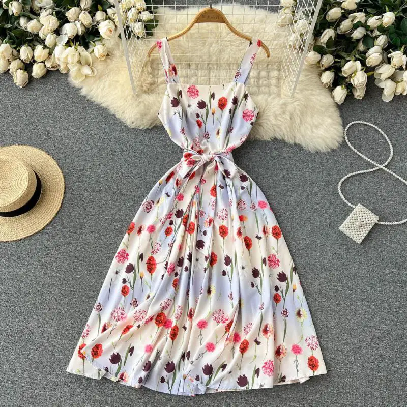 

WEIHAOBANG 2022 Summer Women New Printed Herringbone Neck Loose Lace Up Dress Casual Medium Length High Waist A-line Skirt