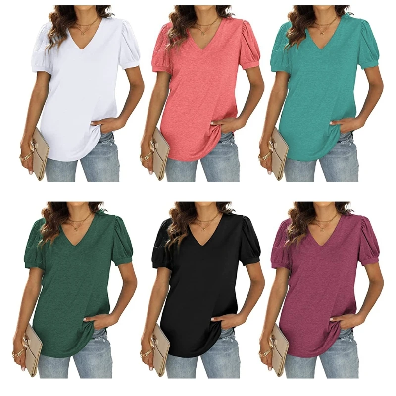 

Женская летняя свободная футболка с коротким рукавом и V-образным вырезом