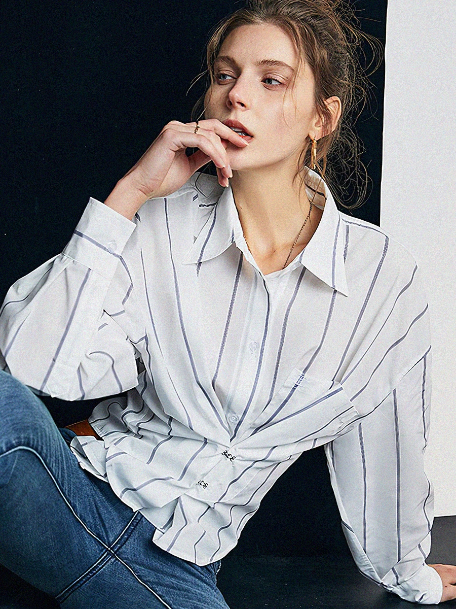 

Striped White Blouse Woman Spring Autumn Long Sleeve Turn-down Collar Single Breasted Shirt Elegant Casual Ladies Blouses Top