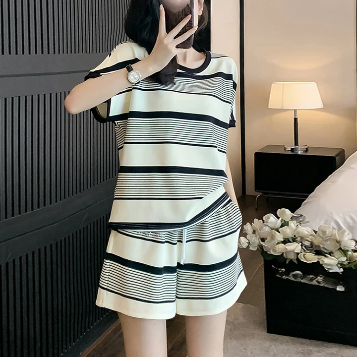 Летний Повседневный женский спортивный костюм для бега в полоску корейский