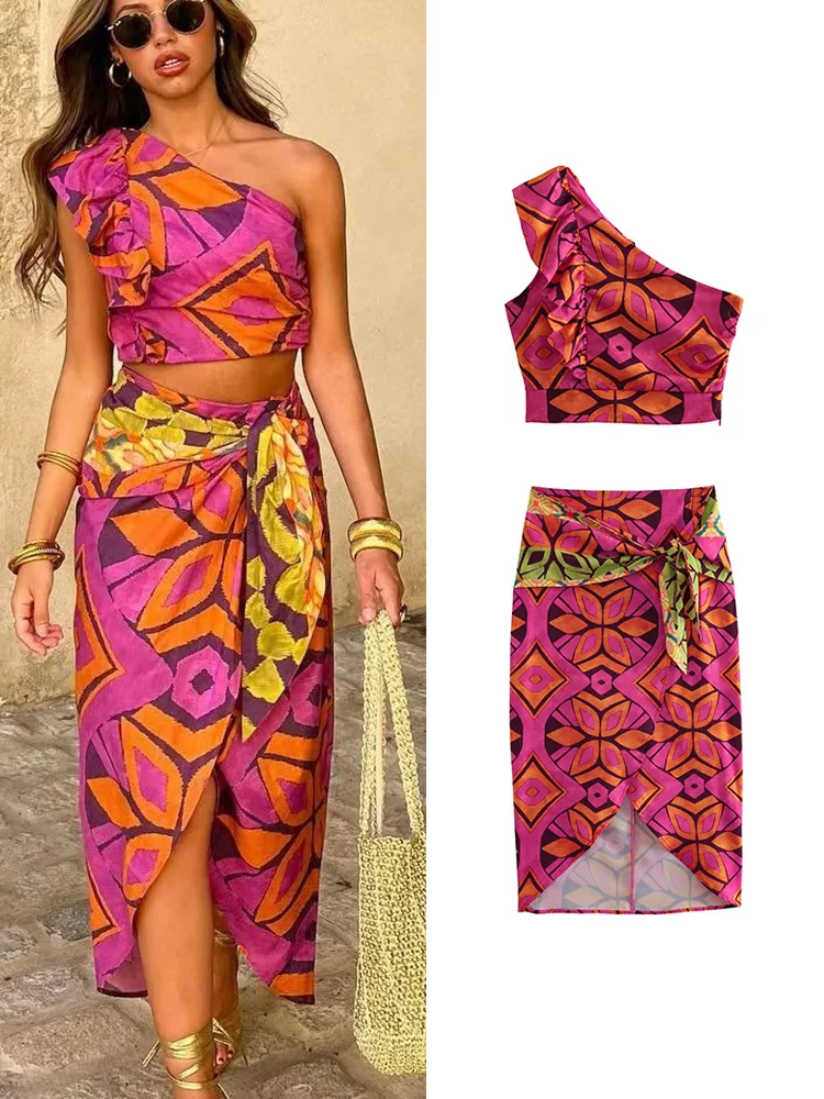 

Элегантный летний женский комплект из топа на одно плечо и юбки с принтом для девушек, ассиметричная рубашка, прямая юбка с бантом на молнии ...