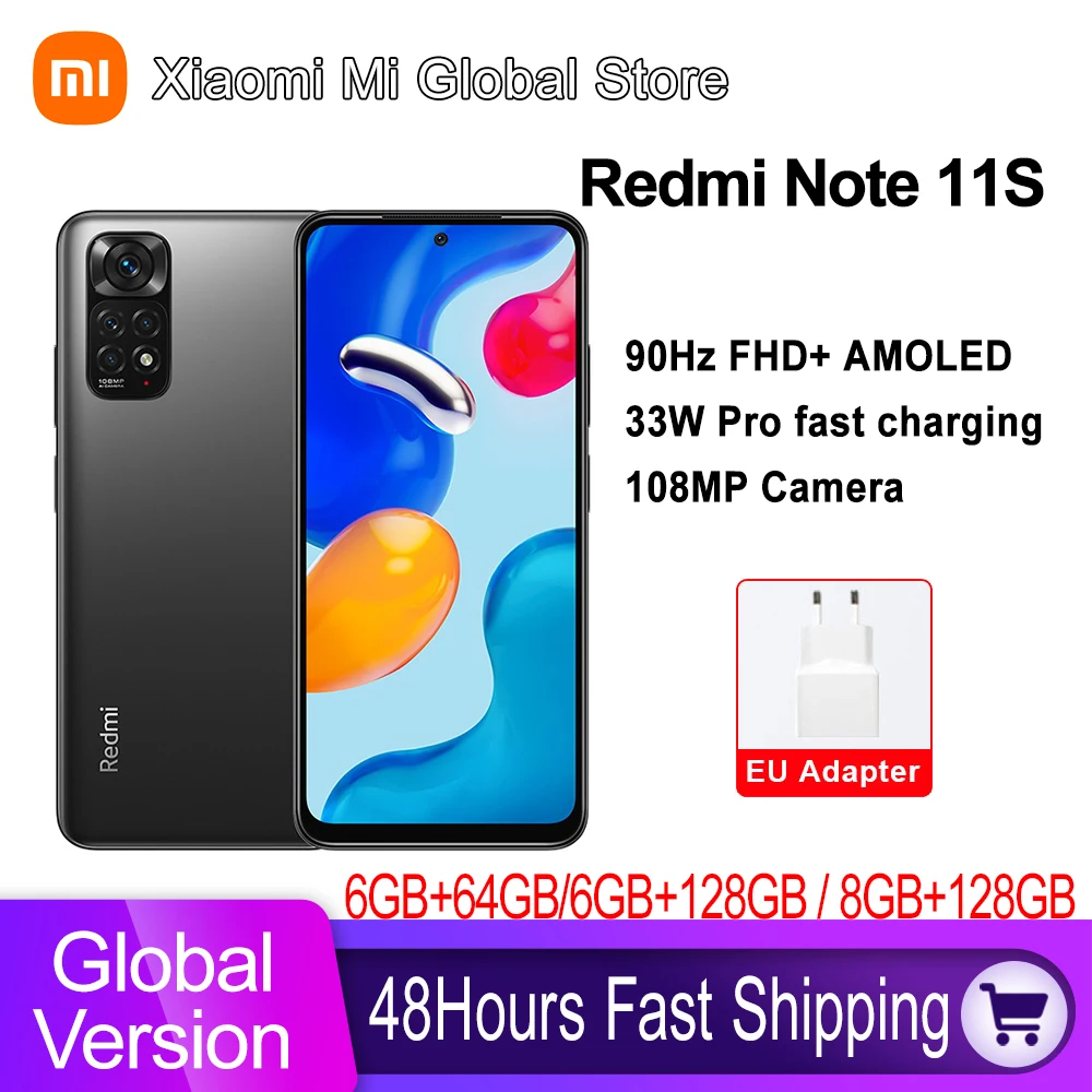 Global Version Xiaomi Redmi Note 11S 108MP Quad Cameras 33W Pro Fast Charging 90Hz FHD+ AMOLED 5000mAh 11 S Cellphone 64GB/128GB