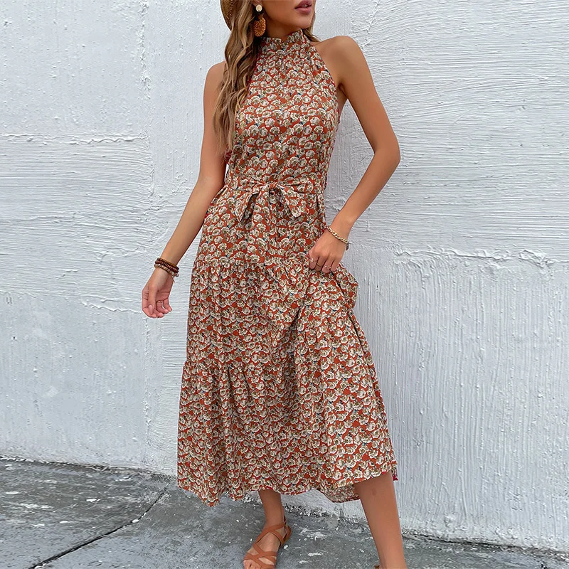 

New 2022 summer suspender mid length skirt slim neck dress