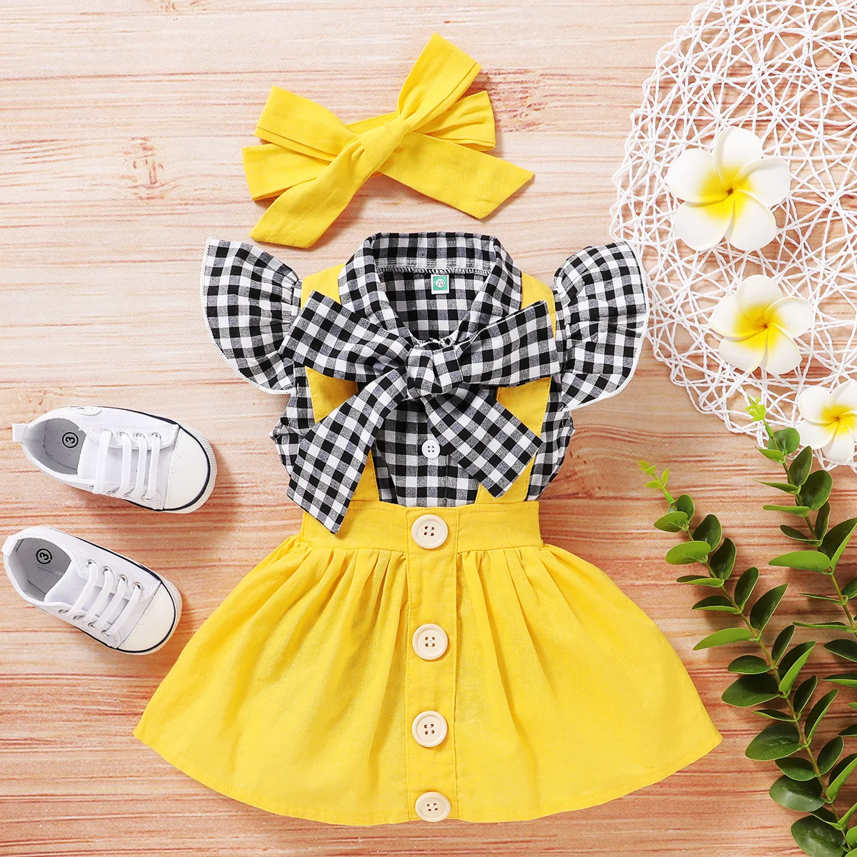 Summer Kids Newborn Baby Girl Plaid Bow T shirt+ Button Suspender Skirt Headband Outfits 2pcs Clothes Sets Toddler girl Outfit