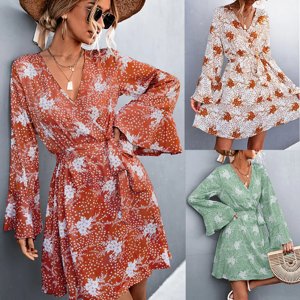 

Hot sale V-neck cross flare sleeve printed lace up dress for women