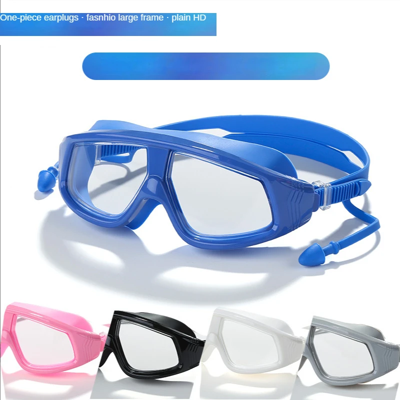 

Adult Large Frame Swimming Goggles Unisex Silicone One-Piece Earplugs HD Anti-Fog Plain Light Swimming Goggles