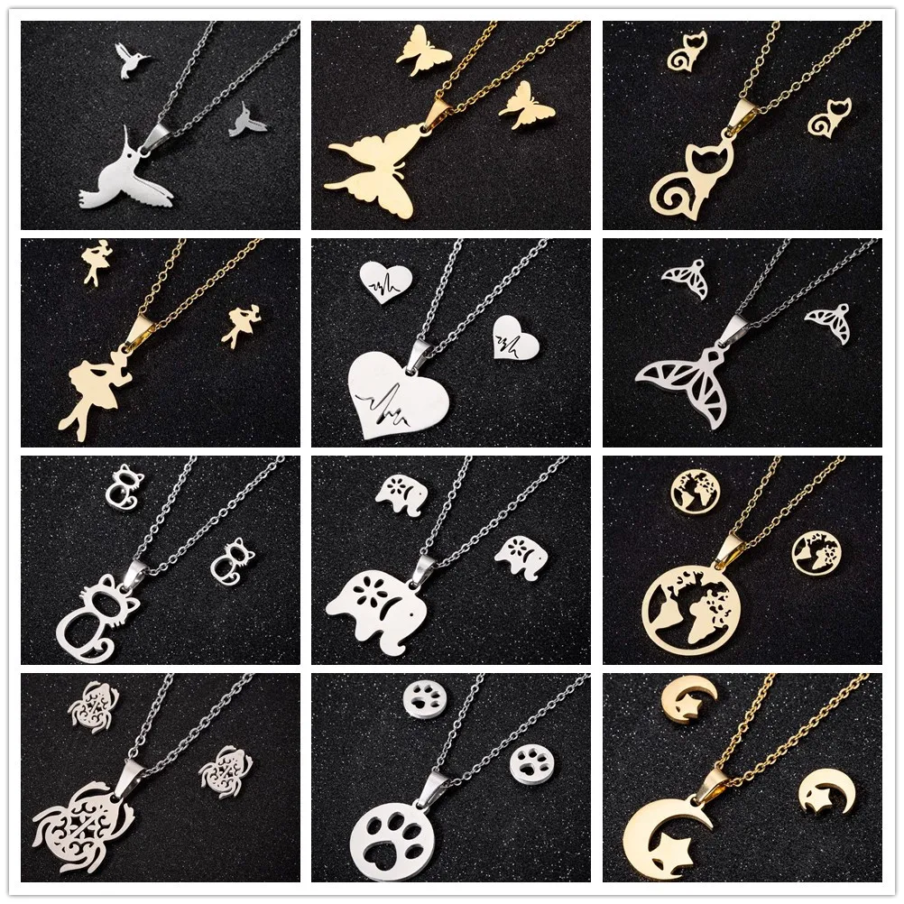 

Silver Plated Stainless Steel Earrings Heartbeat Cat Paw Moon Star Necklace Metalic Jewelry Set for Women Girls Animal Accessory