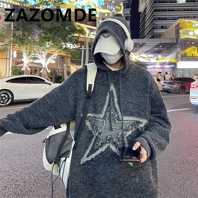 ZAZOMDE Winter Hooded Sweater Men American Style Vintage Fashion Sweater Knitting Lazy Loose BF Jumpers Streetwear Knitwear Men