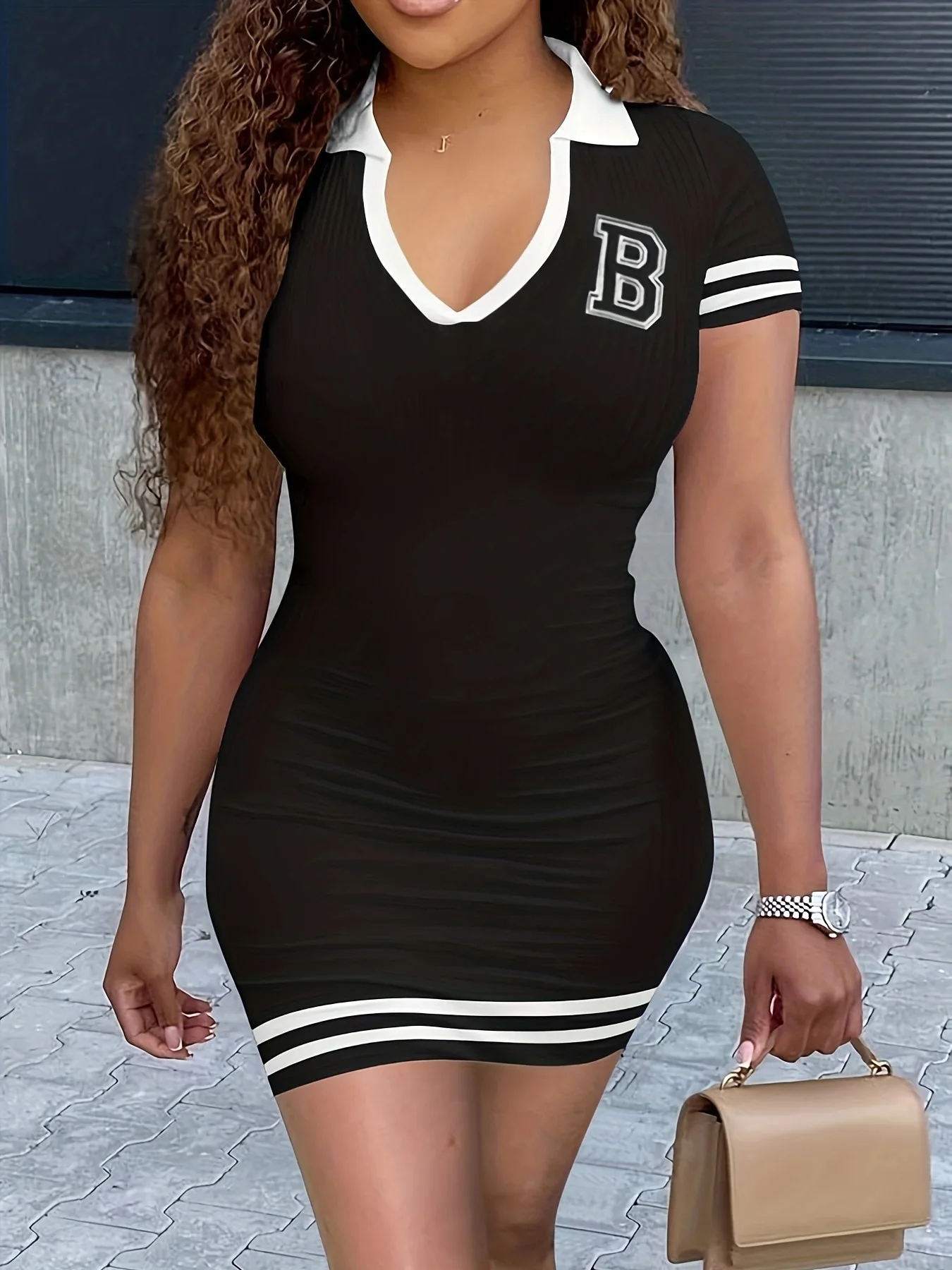 

Women Fashion Turndown Collar Letter Printed Short Sleeve Bodycon Mini Dresses Summer Causal Striped Sport Sexy Slim Dresses