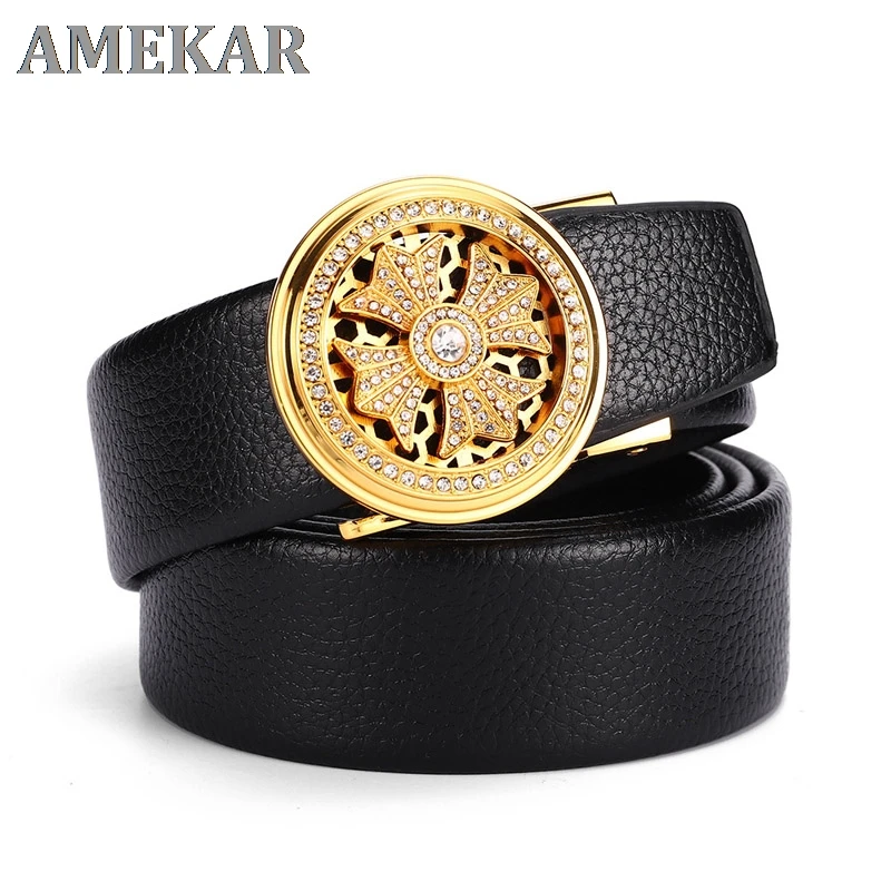 

Ремень мужской женский кожаный удобный ремень для костюма с вращающейся бриллиантовой автоматической пряжкой