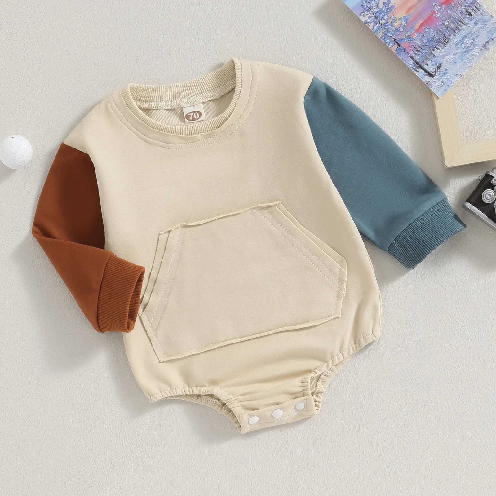

Модный Контрастный ЦВЕТНОЙ свитшот для малышей, комбинезоны, комбинезон с длинным рукавом и карманами для новорожденных, комбинезон, осенняя одежда для малышей