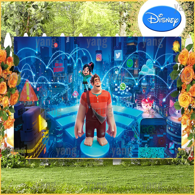 Custom Cartoon Disney Wreck-It Ralph Backdrop Brave Princess Kids Birthday Party Background Polyester Baby Shower Banner Props