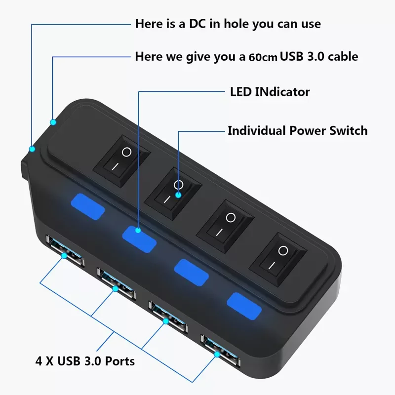

HUB 3.0 4 7 Port Multi Usb Splitter With Power Adapter For Xiaomi Macbook Air Pro Computer Pc Laptop Accessories Hub 3 Usb
