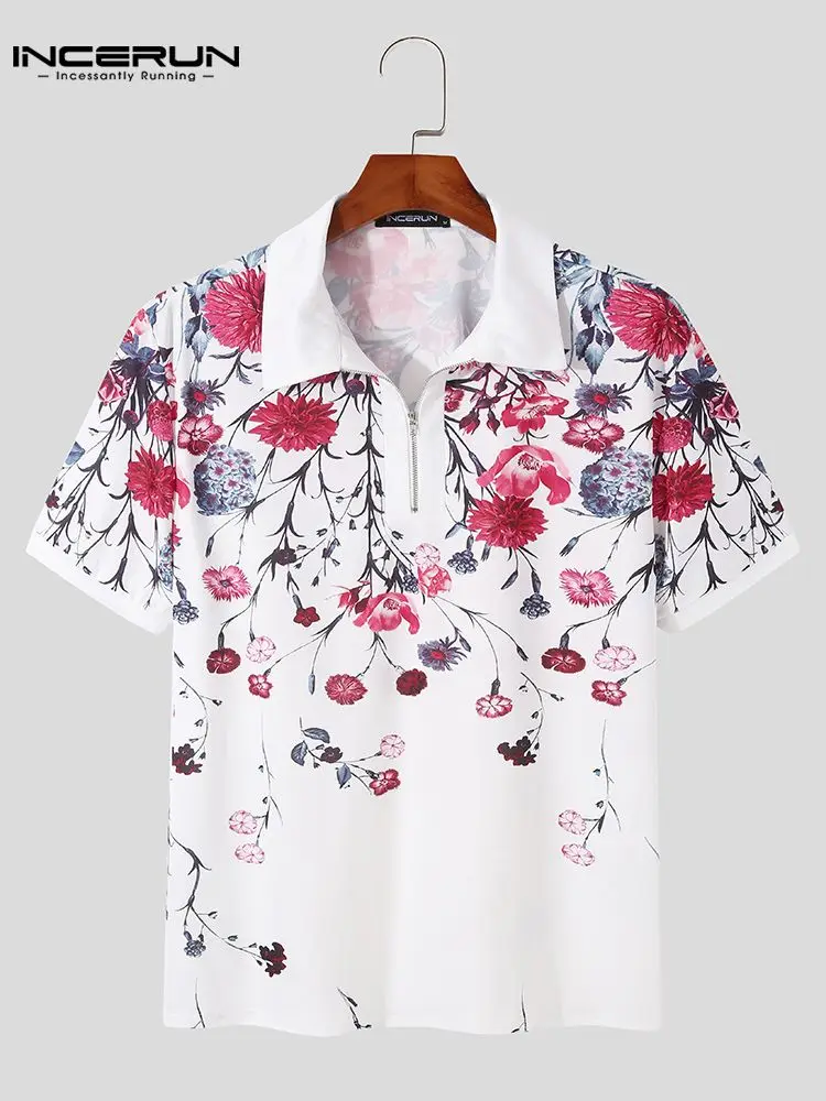 

Men Printed Shirt Turn Down Collar Short Sleeve Zipper Streetwear 2022 Casual Men Clothing Summer Leisure Camisas S-3XL INCERUN