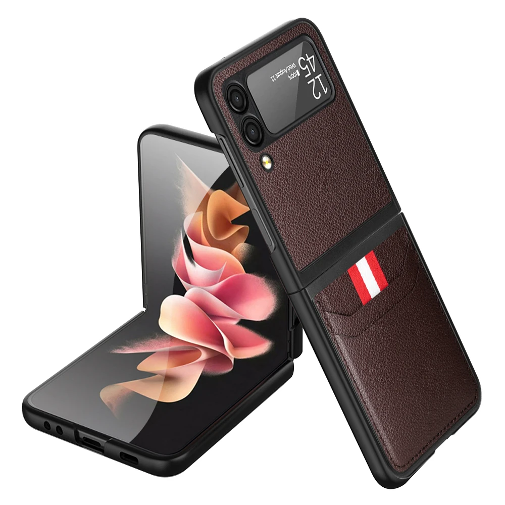 

Противоскользящий кожаный чехол с отделением для карт для Samsung Galaxy Z Flip3, флип-чехол с защитой от падения, тонкий чехол, чехлы