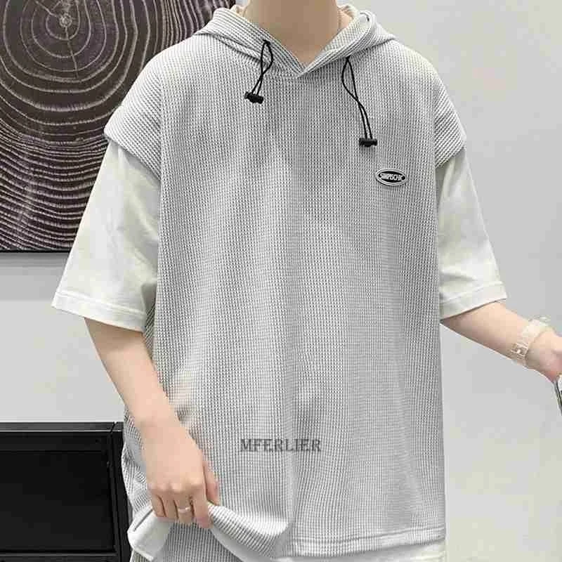 

new arrived summer men waffle plaid tshirt hooded short sleeve plus size 8XL chic fashion campus style tees tops patchwork
