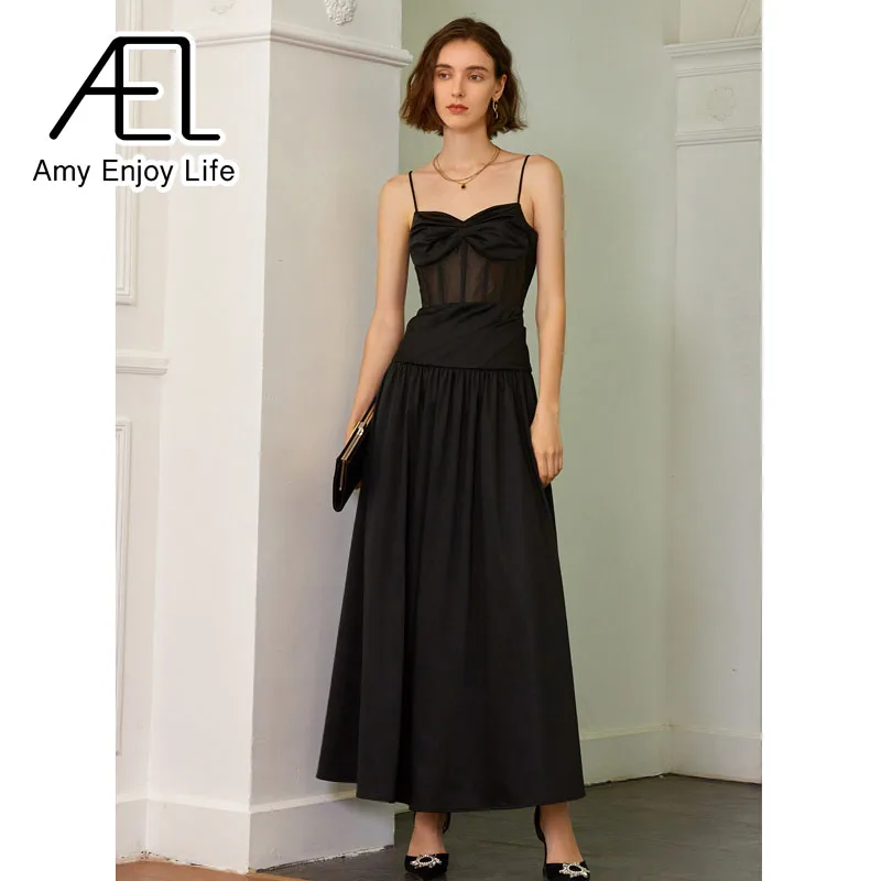 AEL-vestido Sexy de verano para mujer, vestido largo negro ajustado de cintura alta sin mangas con corte en A