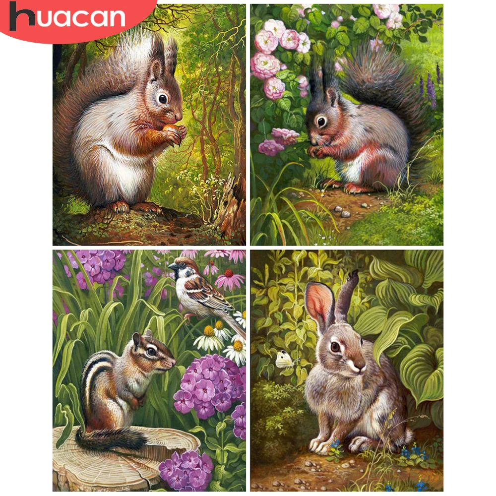 

HUACAN Picture By Number Squirrel Flower Kits HandPainted Oil Painting Rabbit Animal Hand DIY Frame On Canvas Decoration 60x75cm