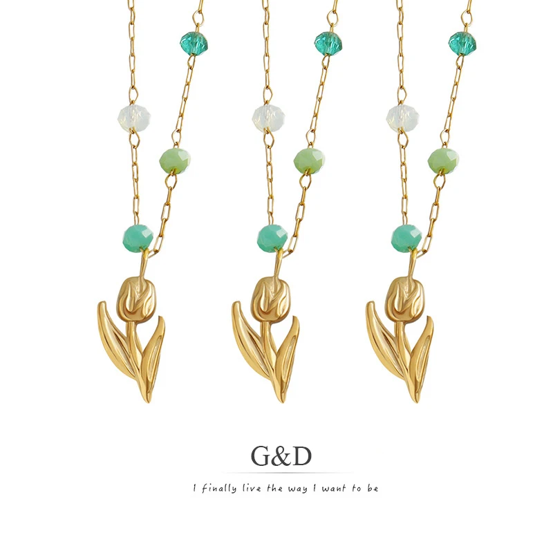 

G&D Bohemia Flower Tulips Pendant Necklaces for Women Stainless Steel Natural Stone Choker Waterproof Handmade Jewelry Summer