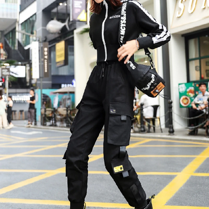 Новые брюки-карго женские черные джоггеры с эластичным поясом брюки