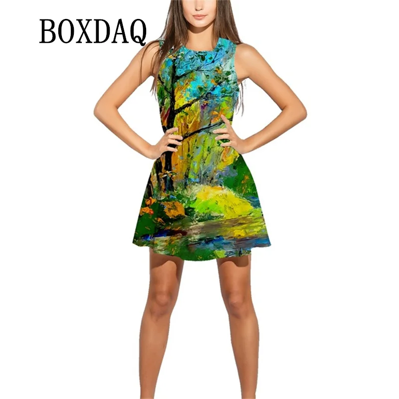 

Green Forest 3D Graphic Print Women Dress Elegant Loose Beach Party Dress Sweet Casual Summer Sleeveless Tank Dress Vestidos