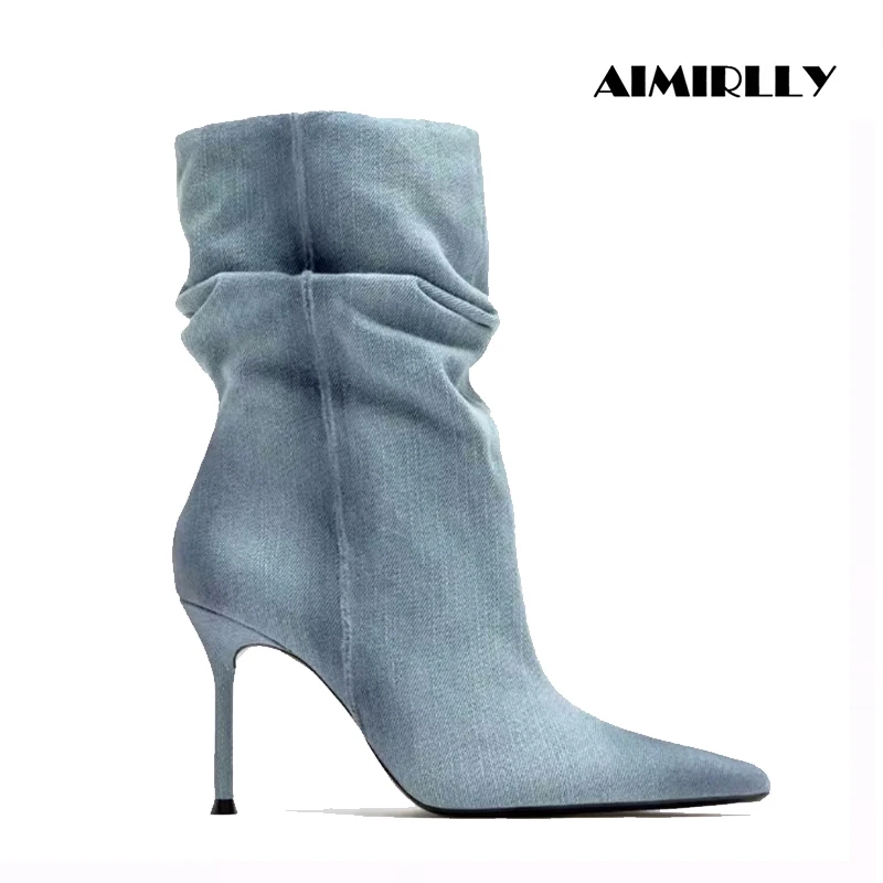 

Fashion Women's Mid Calf Boots Pointed Toe Mid Heels Cowboy Shoes Wrinkle Pleated Pattern Denim Blue & Black Slip On