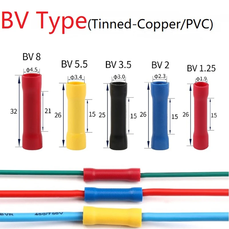 

20pcs BV1.25 BV2 BV3.5 BV5.5 BV8 Straight Butt Wire Terminal Splice Crimp PVC Insulated Copper Tube Cold Press Cable Connect