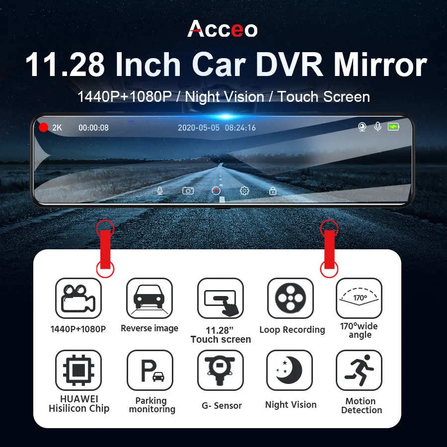 $67.26 Acceo 2K Dashcam 11.28 Inch Stream Media Rear View Mirror 1440P FHD Car DVR Car Camera Support GPS With Imaging Sensor Recorder