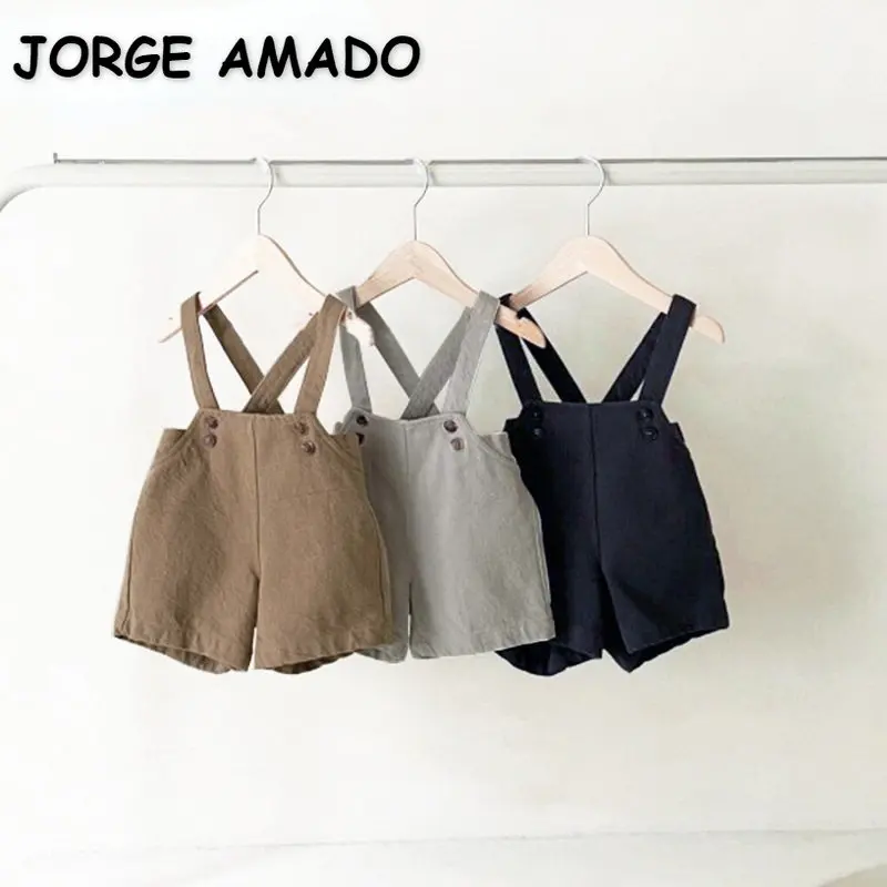 

Korean Style New Summer Kid Boy Girl Shorts Khaki Light Grey Blue Sling Pants Loose Trousers Children Retro Overalls E3257