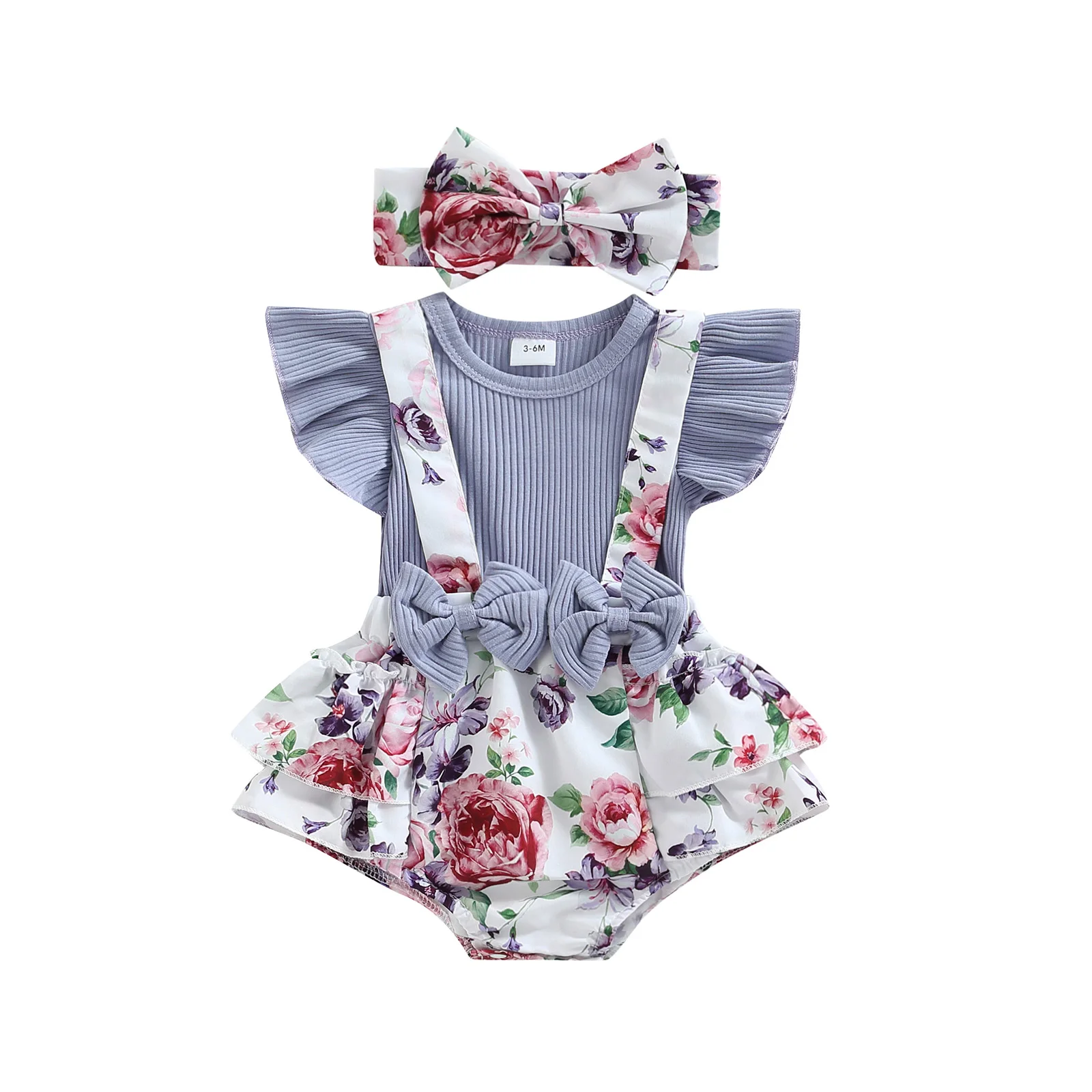 2022-06-02 Lioraitiin 0-18M Baby Girl's Bodysuit Ruffle Sleeve Bowknot Decorated Floral Printed Patchwork Bodysuit Headband