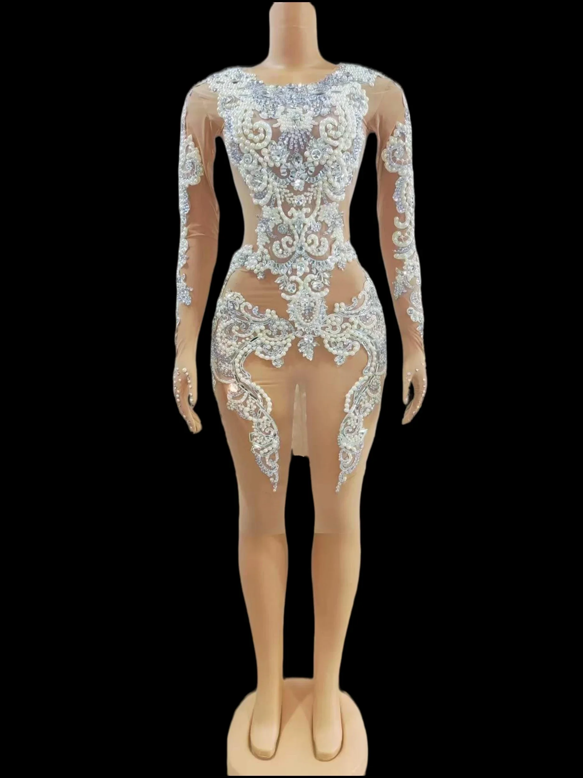 Прозрачное сетчатое женское мини-платье с длинным рукавом и стразами жемчугом