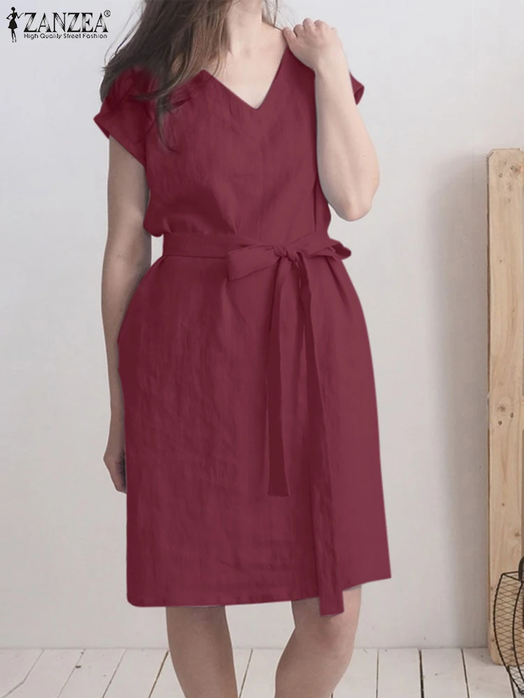 

ZANZEA 2022, модное женское платье с v-образным вырезом, короткий рукав сарафана, летнее однотонное вечернее платье, элегантное Свободное платье, ...