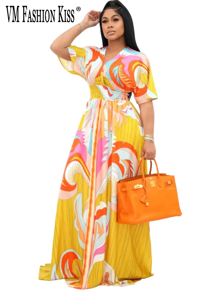 

VM FASHION KISS 2023 Новое свободное платье с V-образным вырезом в богемном стиле с принтом и коротким рукавом, женская одежда