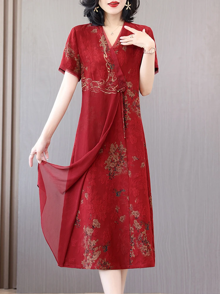 

Summer New Fashion Silk Embroidery Vintage Midi Dress 2023 Print Elegant Casual Evening Dress Women Bodycon Pretty Vintage Dress