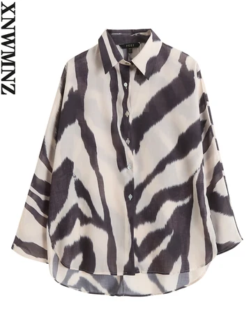 XNWMNZ 2022 Summer Women Fashion Lapel Long Sleeve Cotton Linen Zebra Printed Shirt Woman Loose Blouses Casual Tops Female