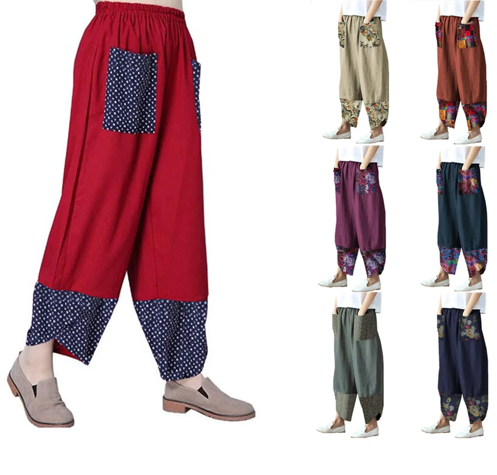 Pants Fashion Ethnic Print Casual Patchwork Pocket Pants Ladies Loose Wide Leg Pants Elegant Street Ladies Pants