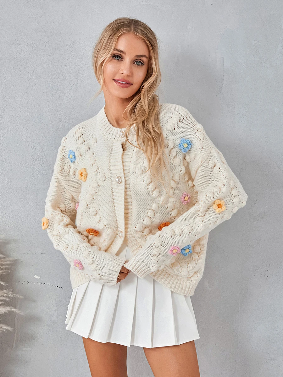 

Women Button-Down Fall Casual Soft Knit Coat Fashion Handmade Crochet Cardigan 3D Flower Embroidery Long Sleeve Sweater