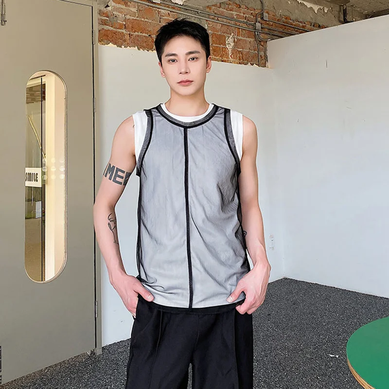 

SYUHGFA Summer Trend Spliced Twopiece Men's Casual Vests Fashion Mesh Round Neck Tank Top Personality Perspective Clothing