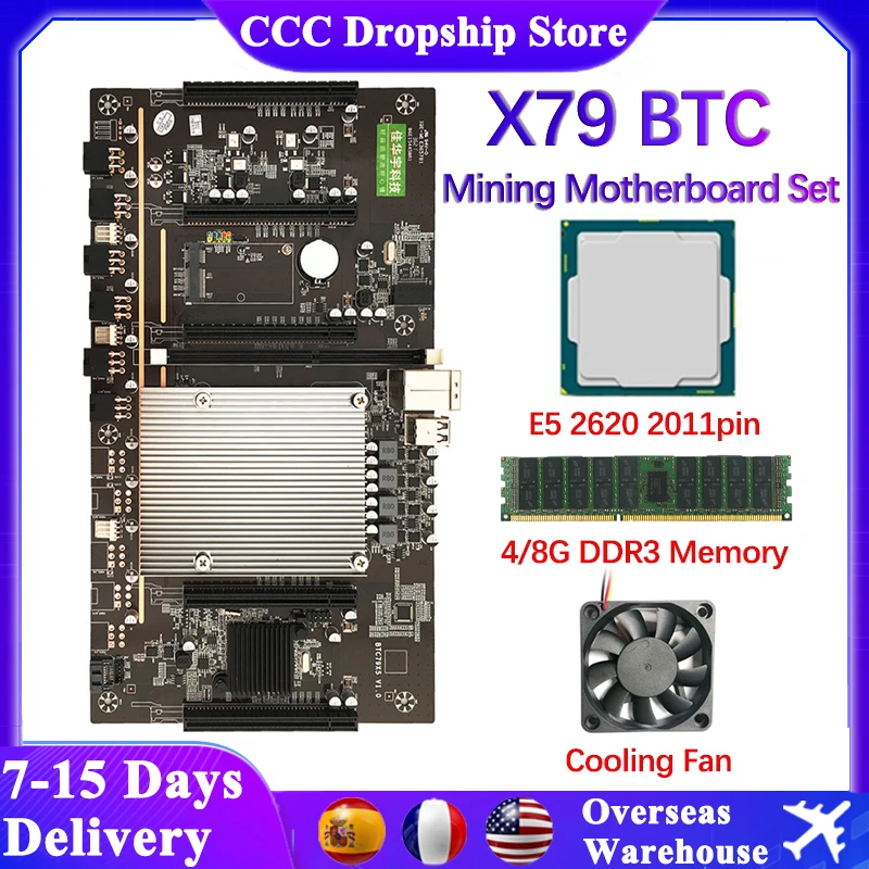 

X79 BTC Mining Motherboard Kit LAN 2011 Multi-graphics Slots 4GB DDR3 RAM E5 2620 CPU Cooling Fan In-line 5 Card GPU Motherboard