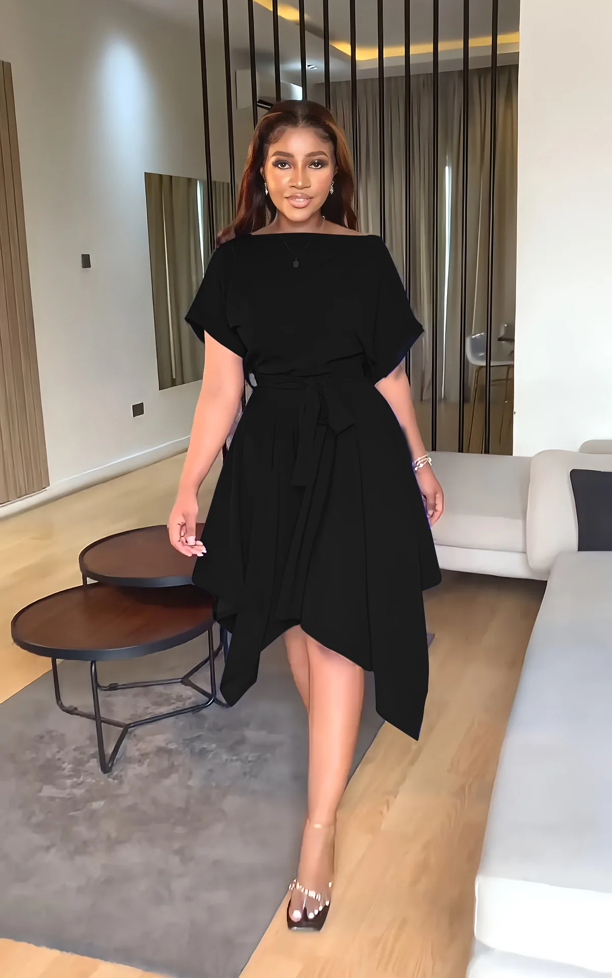 

Summer Fashion Elegant Office Women's Off Shoulder Short Sleeve Irregular Solid Color Tied Belt Dress