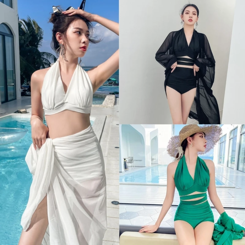 

Womens High Waist Bathing Suit 3 Pieces Halter Bikinis Set Solid Color Swimsuit