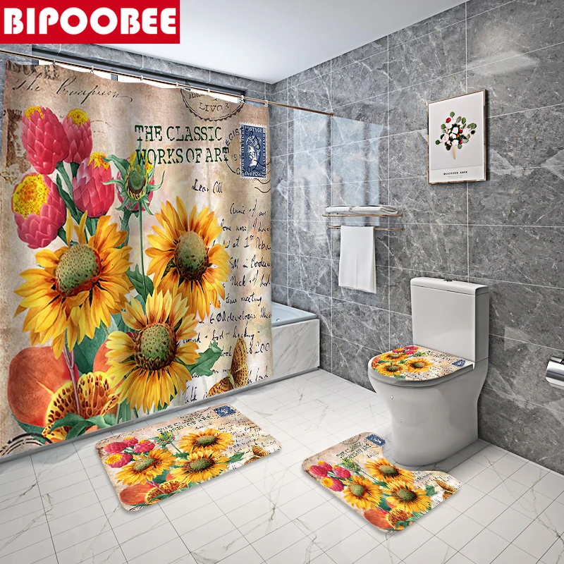 

Sunflower Shower Curtain for Bathroom Decor Waterproof Fabric Bathtub Curtains Bath Mats Set Toilet Lid Cover Non-slip Carpet
