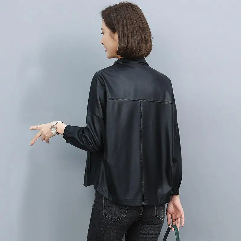Leather Coat Women's Short 2022 Spring  Autumn Korean Casual Loose Coat Women Basic Botton Short Leather Clothes Elegant Lady