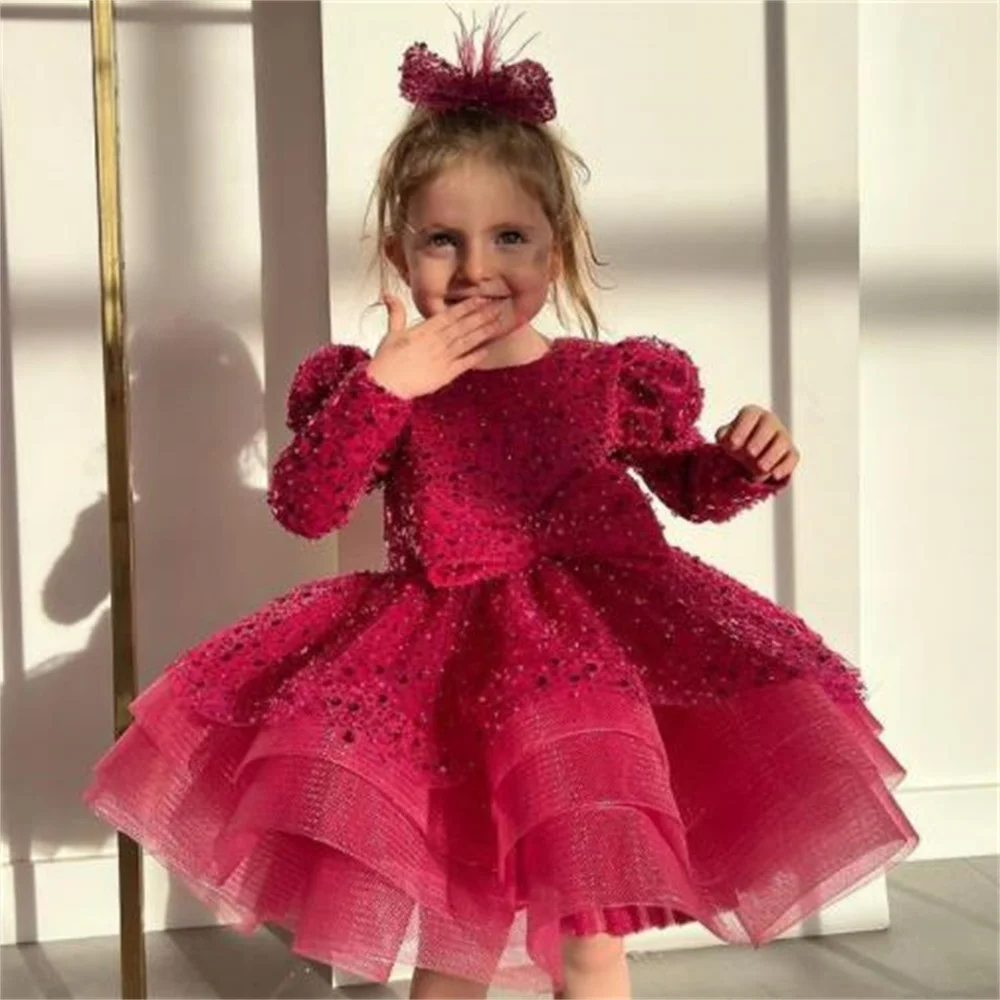 Красное детское платье с блестками Сверкающее принцессы длинными рукавами для