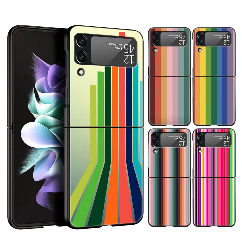 

Retro Rainbow Stripe Art For Samsung Galaxy Z Flip 4 Black Phone Cover For Galaxy Z Flip 3 Case Shockproof Hard PC Folding Shell