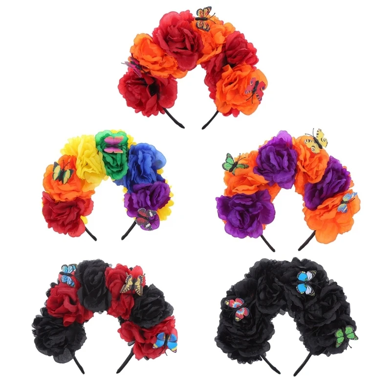 

Day of The Dead Headband Flower with Butterflies Decor for Party Dropship