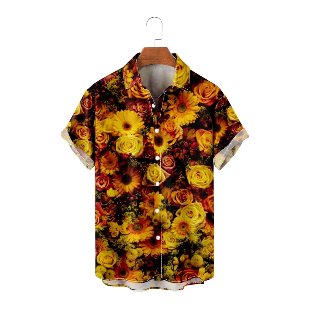 

Мужская свободная рубашка с коротким рукавом, Повседневная пляжная гавайская рубашка с золотым цветочным принтом, для отдыха Вечерние