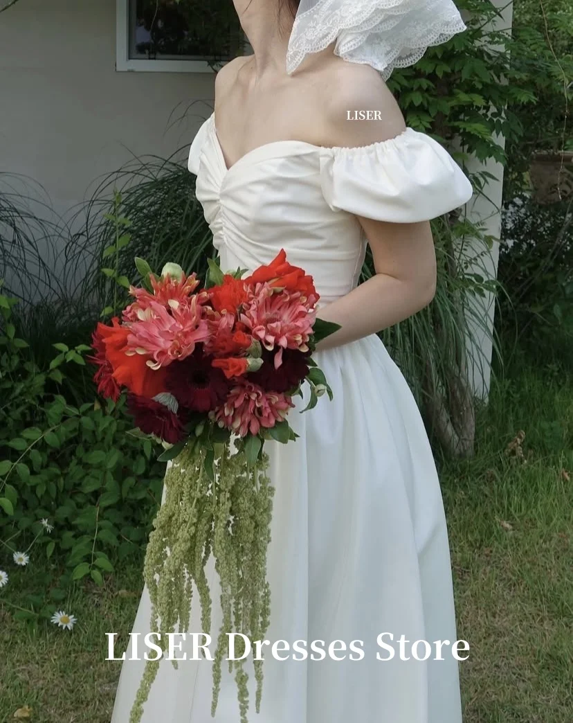Фото Liser Sweetheart Корейские свадебные платья трапециевидной формы с короткими рукавами Простое шелковое атласное элегантное свадебное платье для фотосессии 저 opple 드레스 Настроить №2
